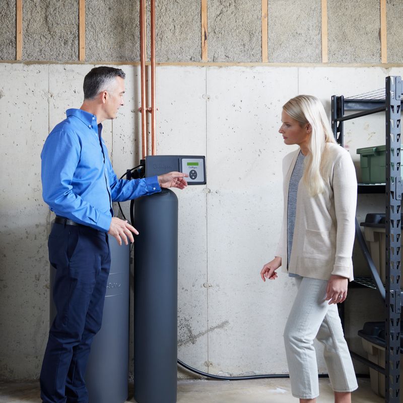 Culligan employee showing customer how Culligan water softener works
