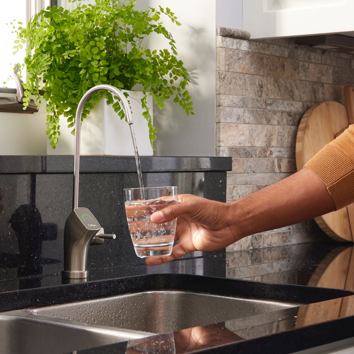 Customer holding glass of water under faucet