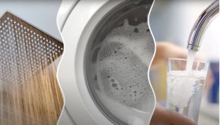 Water out of a shower and a faucet into a drinking glass